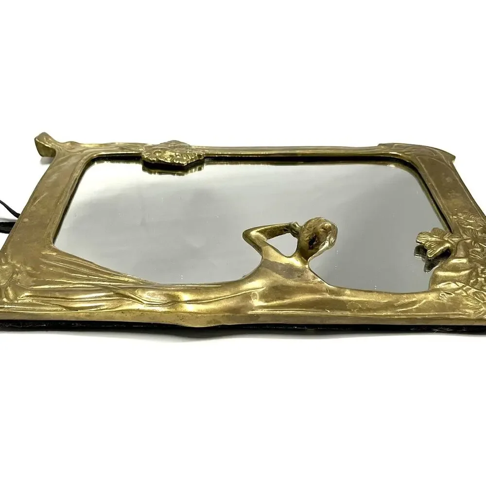 Solid Brass Art Nouveau Vanity Mirror 3D Lady In Gown Dresser Table Decor Vtg